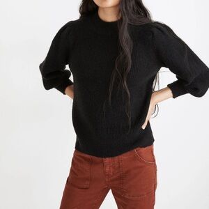 Women’s Madewell Eaton Puff-Sleeve Shiny Black Wool Blend Pullover Sweater Sz S